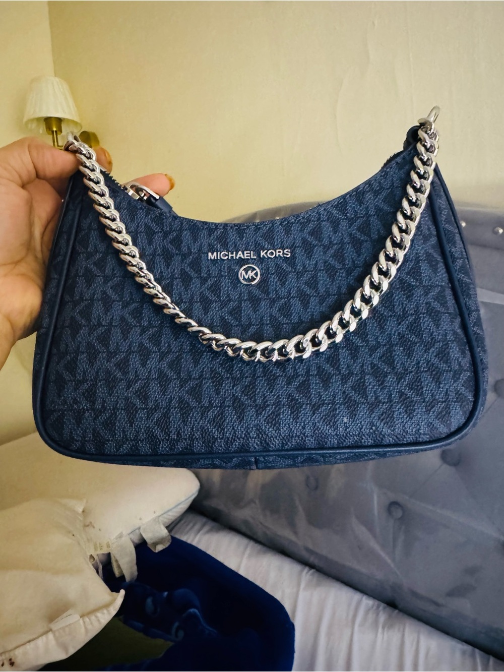 Michael Kors Navy Monogram Shoulder Bag with Silver Chain Strap